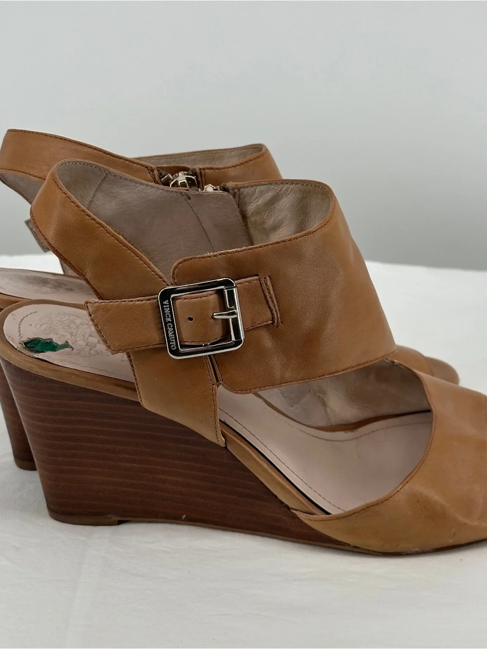 Women's Tan Leather Peep-Toe Buckle Heels 9.5
